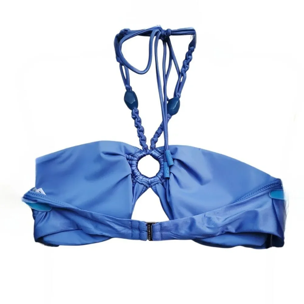 Red Carter Shine Boho Bandeau Blue Swim Top O-Ring Halter Beads Women's Size L